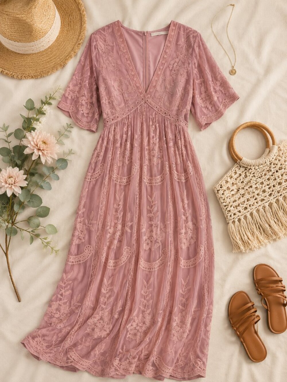 Pinkblush Dusty Rose Lace Midi Dress